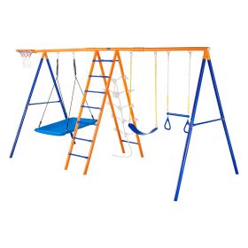 Swing Sets for Backyard, 6 in 1 Swing Set with 2 Swings, Trapeze Bar, Climbing Ladder, Climbing Net, and Basketball Hoop