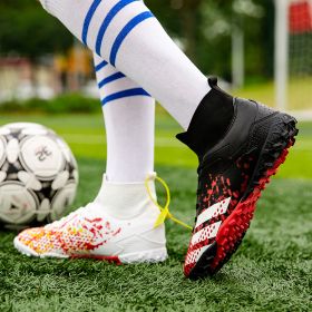 New high top football shoes men's and women's TF broken nails middle school students AG long nails sports training game football shoes (Color: White + Black (broken nail), size: 45)
