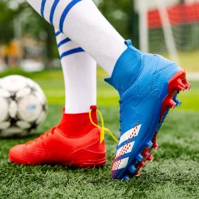 New high top football shoes men's and women's TF broken nails middle school students AG long nails sports training game football shoes (Color: Red + Blue (spike), size: 35)