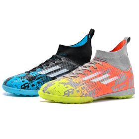 New high top Mandarin duck two-color long spike broken spike football sneakers (Color: Blue + Orange/nail, size: 43)