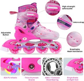 Roller Blades Adjustable for Small Youth Girls Boys with LED Light Up Wheels;  Upgrade  Outdoor Kids Inline Skates (Color: Pink, size: L)
